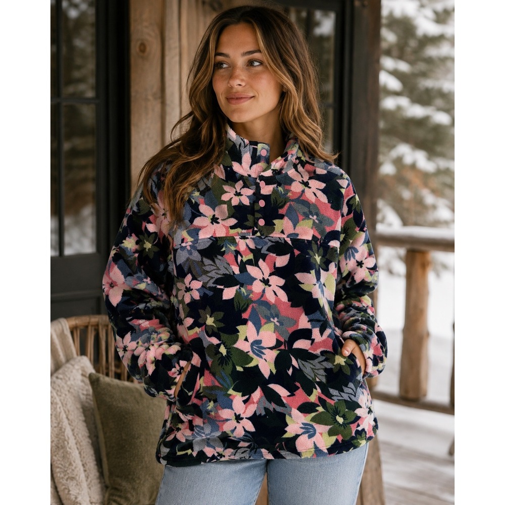 Vera Bradley Floral Fleece Pullover Sweater with Pockets Multicolor Large